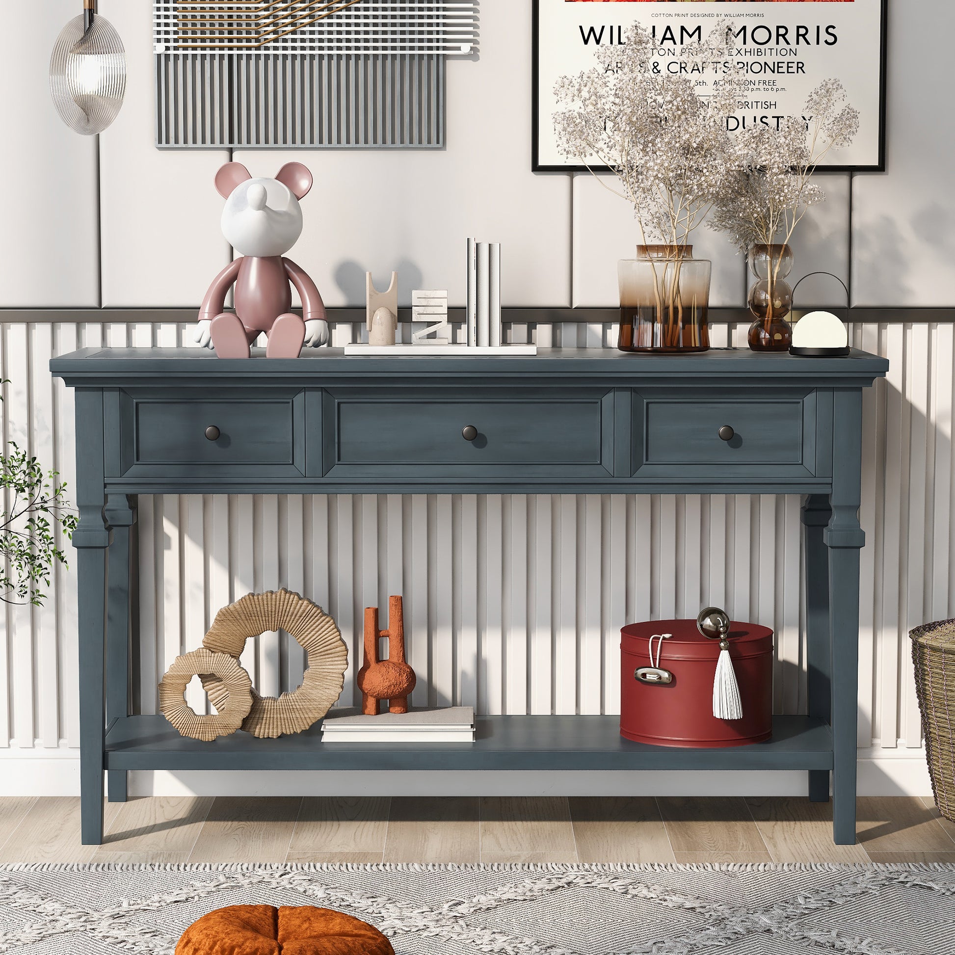 Classic Retro Style Console Table With Three Top Drawers And Open Style Bottom Shelf, Easy Assembly Navy Navy Solid Wood