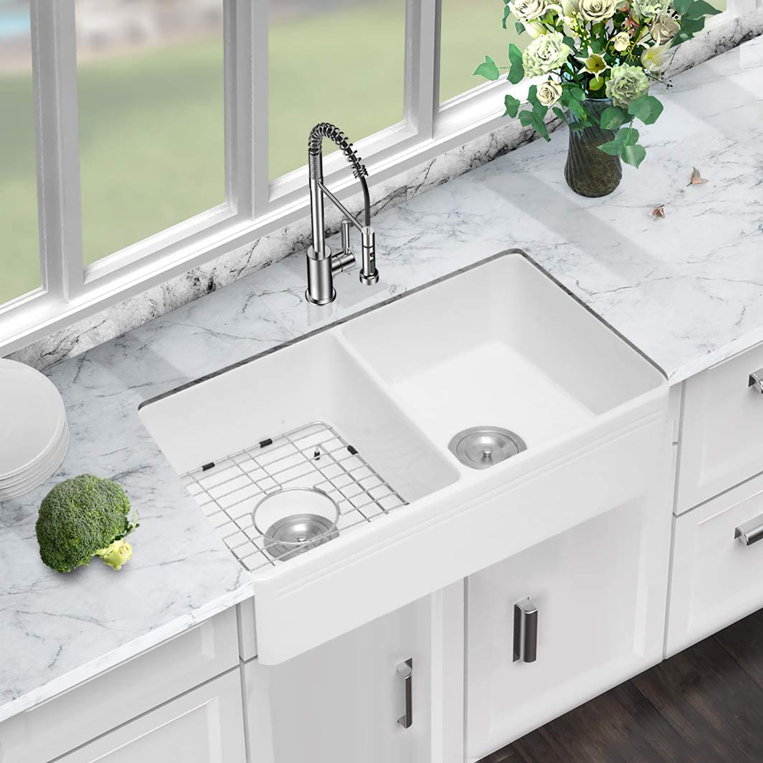 Ceramic White 33*18*10" Kitchen Double Basin Farmhouse Sink Rectangular Vessel Sink White Ceramic