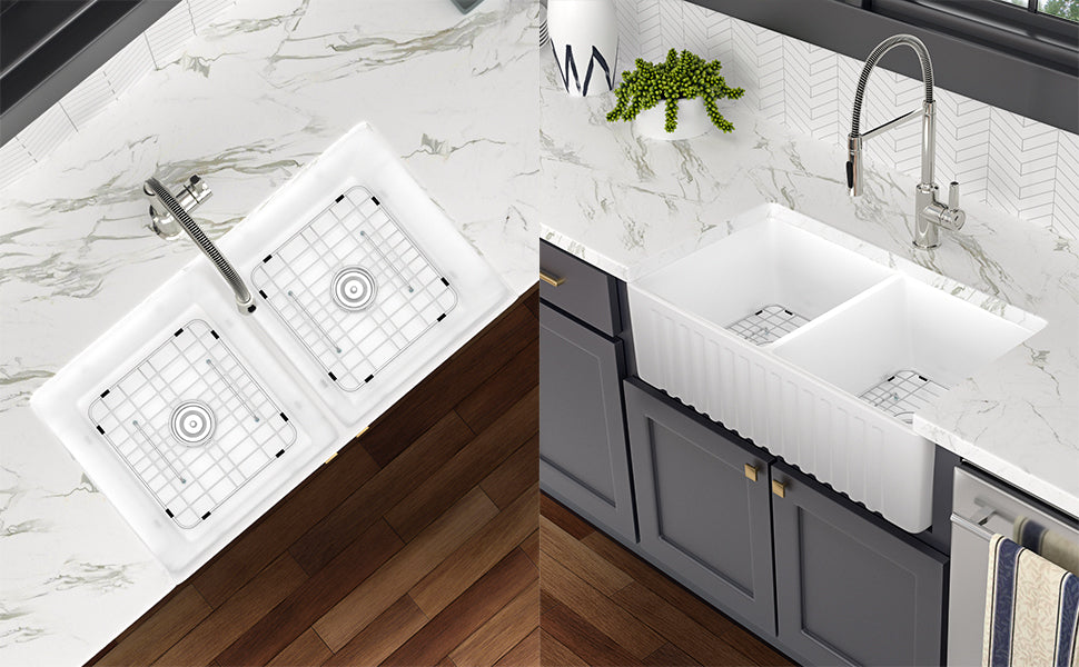 Ceramic White 33*18*10" Kitchen Double Basin Farmhouse Sink Rectangular Vessel Sink White Ceramic