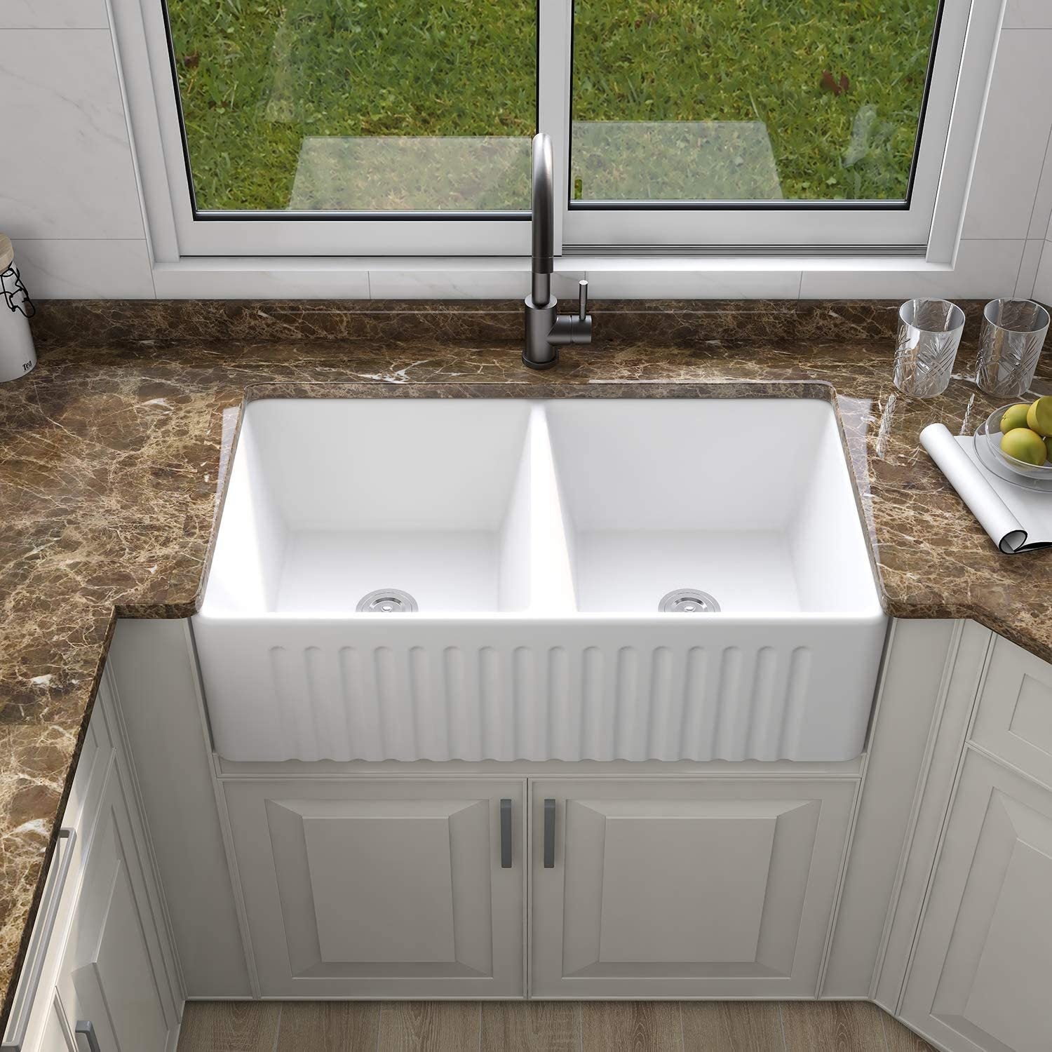 Ceramic White 33*18*10" Kitchen Double Basin Farmhouse Sink Rectangular Vessel Sink White Ceramic