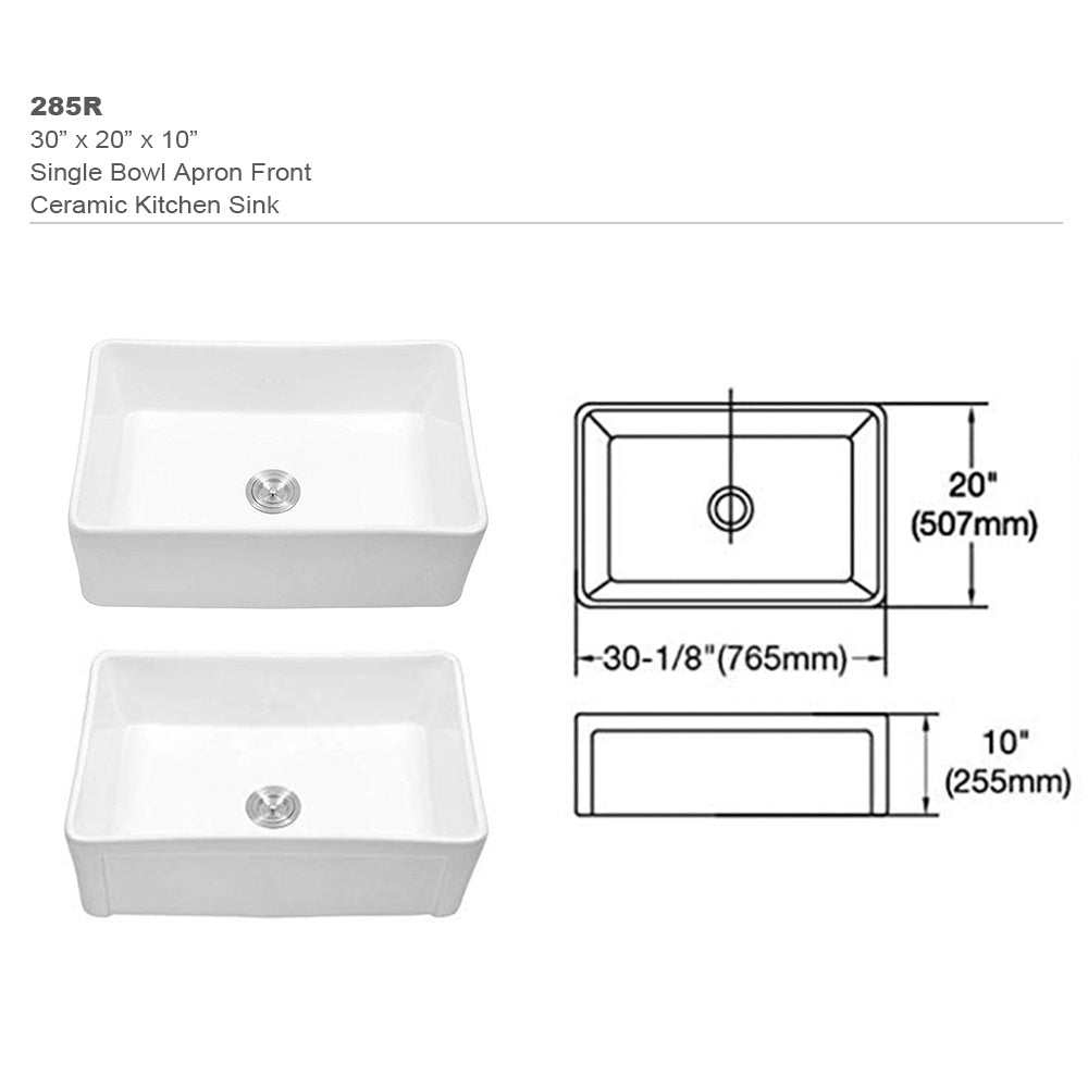 30 X 20 Inch Ceramic Farmhouse Apron Front Kitchen Sink Single Bowl White White Ceramic