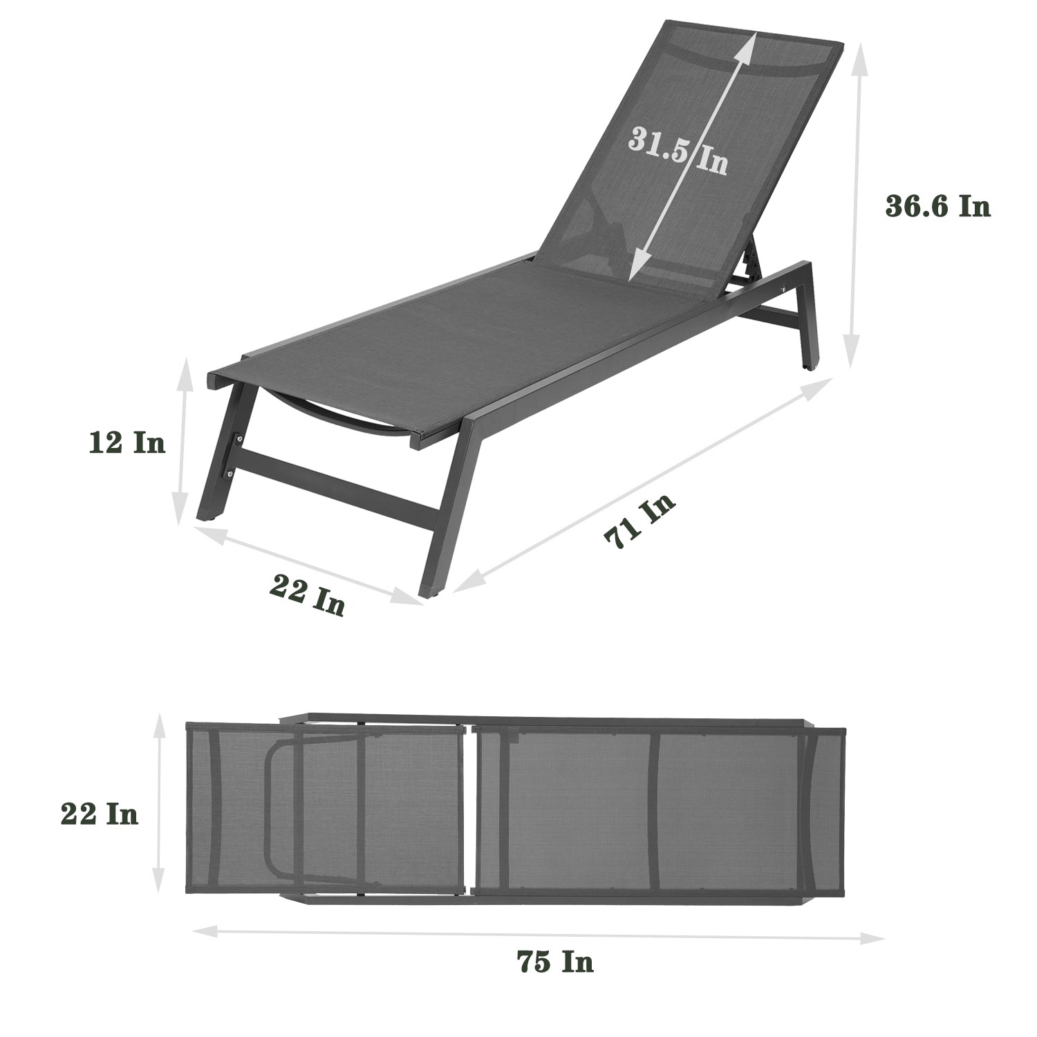 Outdoor Chaise Lounge Chair,Five Position Adjustable Aluminum Recliner,All Weather For Patio,Beach,Yard, Pool Grey Frame Dark Grey Fabric Gray Metal