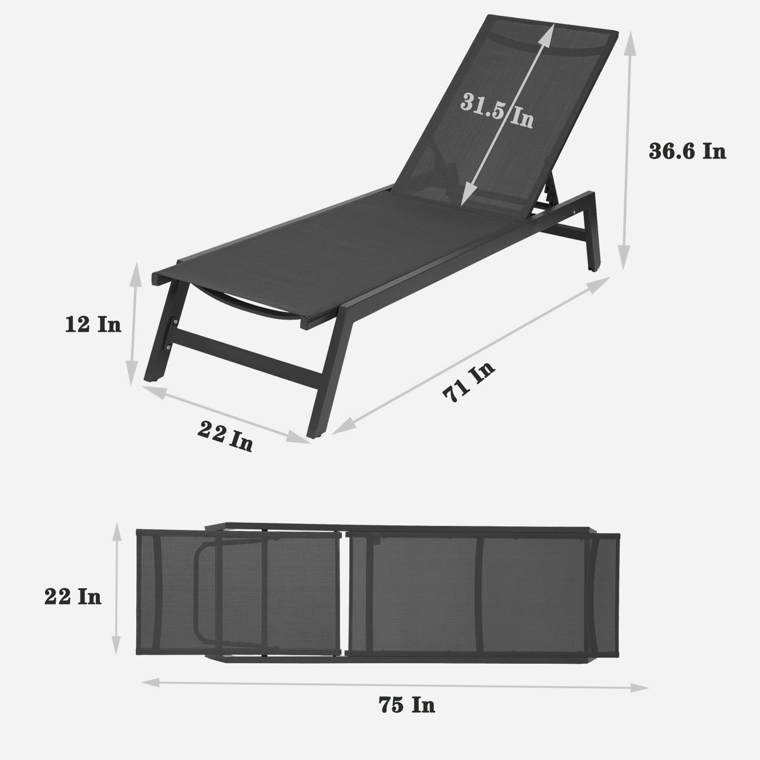 Outdoor Chaise Lounge Chair,Five Position Adjustable Aluminum Recliner,All Weather For Patio,Beach,Yard, Pool Grey Frame Black Fabric Same As W41939292 Black Metal