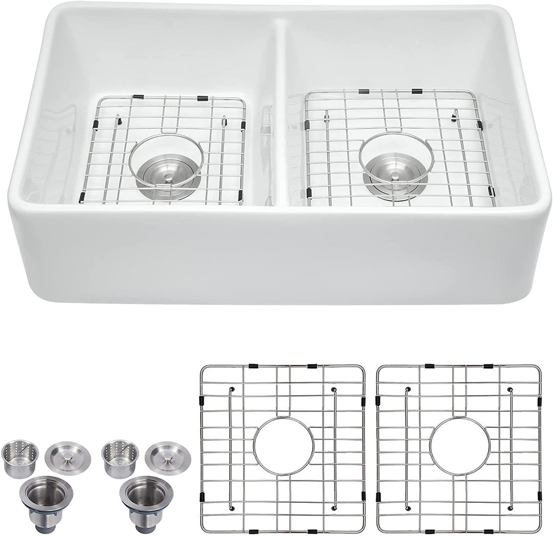 32" L X 20" W Double Basin Farmhouse Kitchen Sink With Basket Strainer White Ceramic