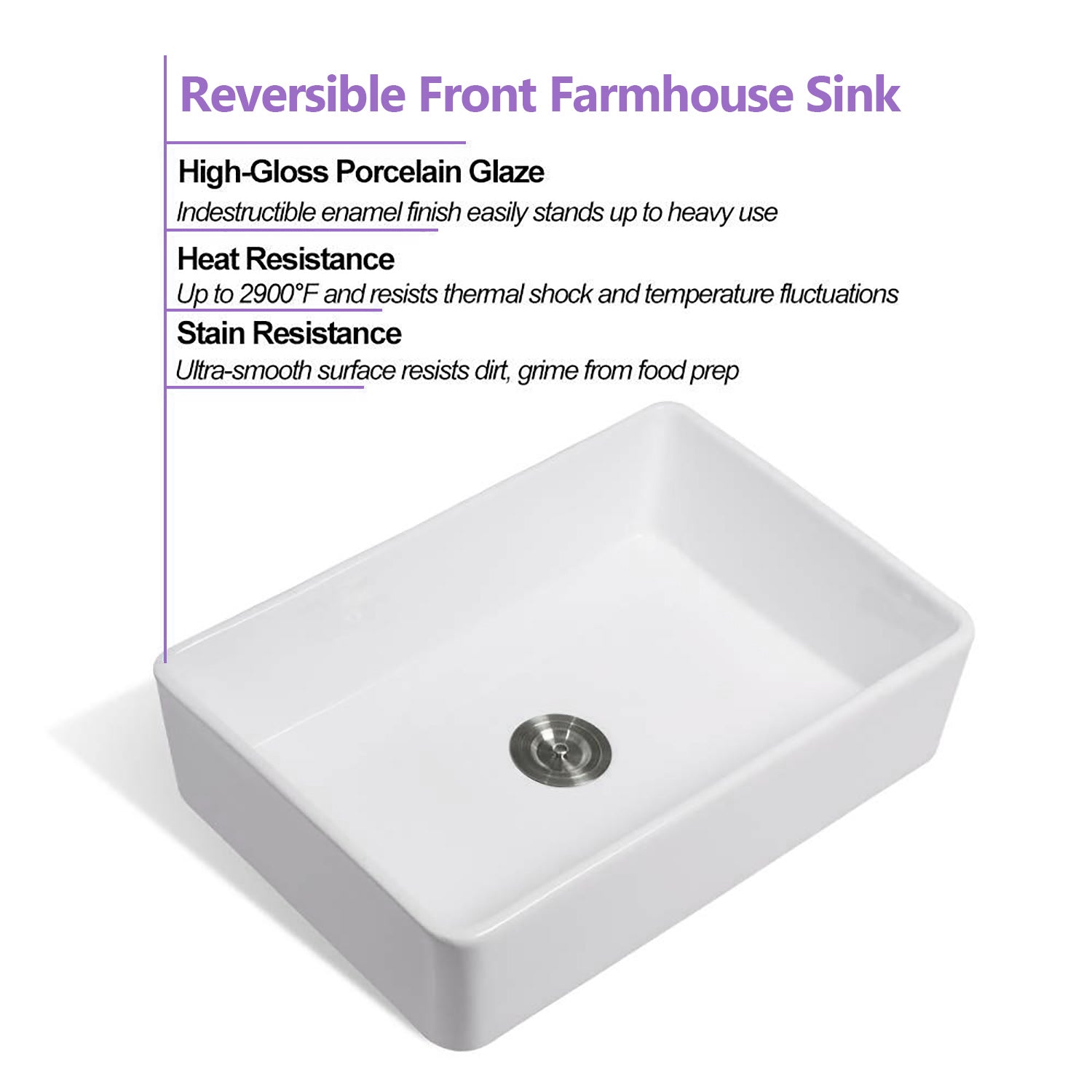 33" L X 20" W Single Basin Ceramic Farmhouse Kitchen Sink With Basket Strainer White Ceramic