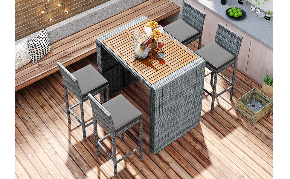 5 Pieces Outdoor Patio Wicker Bar Set, Bar Height Chairs With Non Slip Feet And Fixed Rope, Removable Cushion, Acacia Wood Table Top, Brown Wood And Gray Wicker Yes Gray Wicker