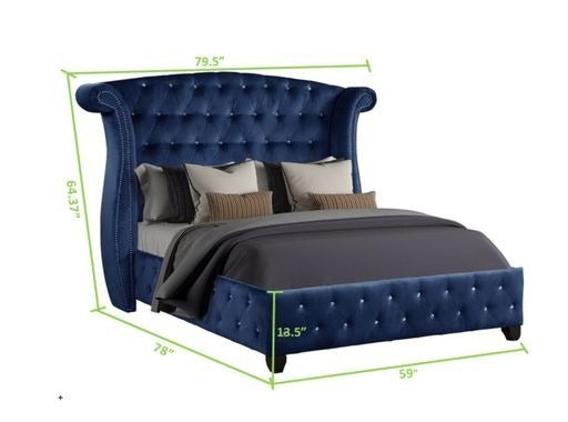 Sophia Crystal Tufted Full Bed Made With Wood In Blue Box Spring Not Required Full Blue Wood Bedroom Contemporary,Modern Acacia Upholstered Velvet Wood