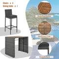 5 Pieces Outdoor Patio Wicker Bar Set, Bar Height Chairs With Non Slip Feet And Fixed Rope, Removable Cushion, Acacia Wood Table Top, Brown Wood And Gray Wicker Yes Gray Wicker