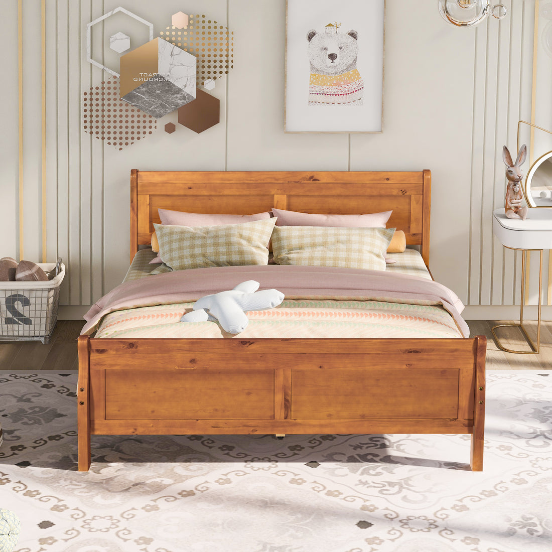 Queen Size Wood Platform Bed With Headboard And Wooden Slat Support Oak Oak Solid Wood