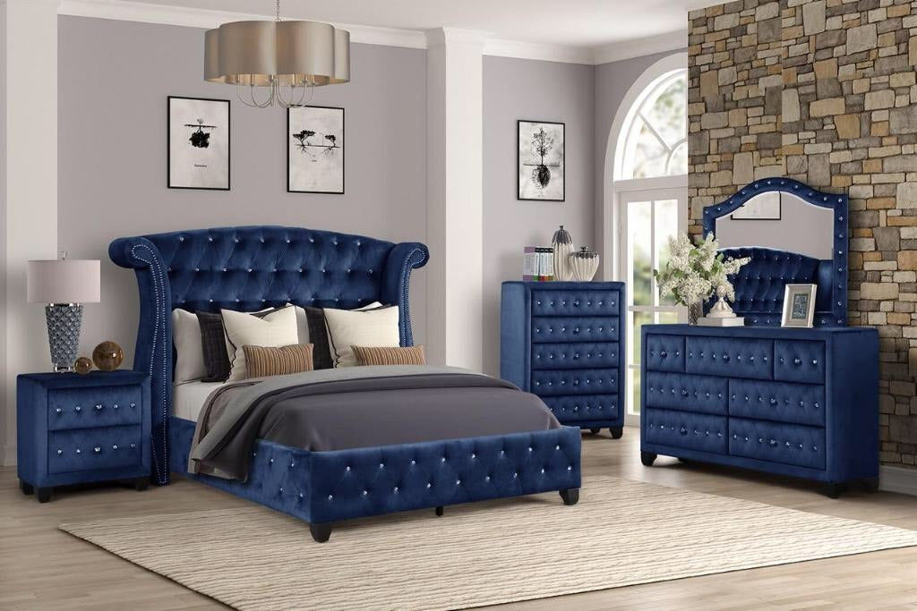 Sophia Modern Style Crystal Tufted Upholstery 7 Drawer Dresser Finished With Velvet Fabric Made With Wood In Blue Blue Bedroom Contemporary,Modern Acacia Solid Wood Mdf Wood