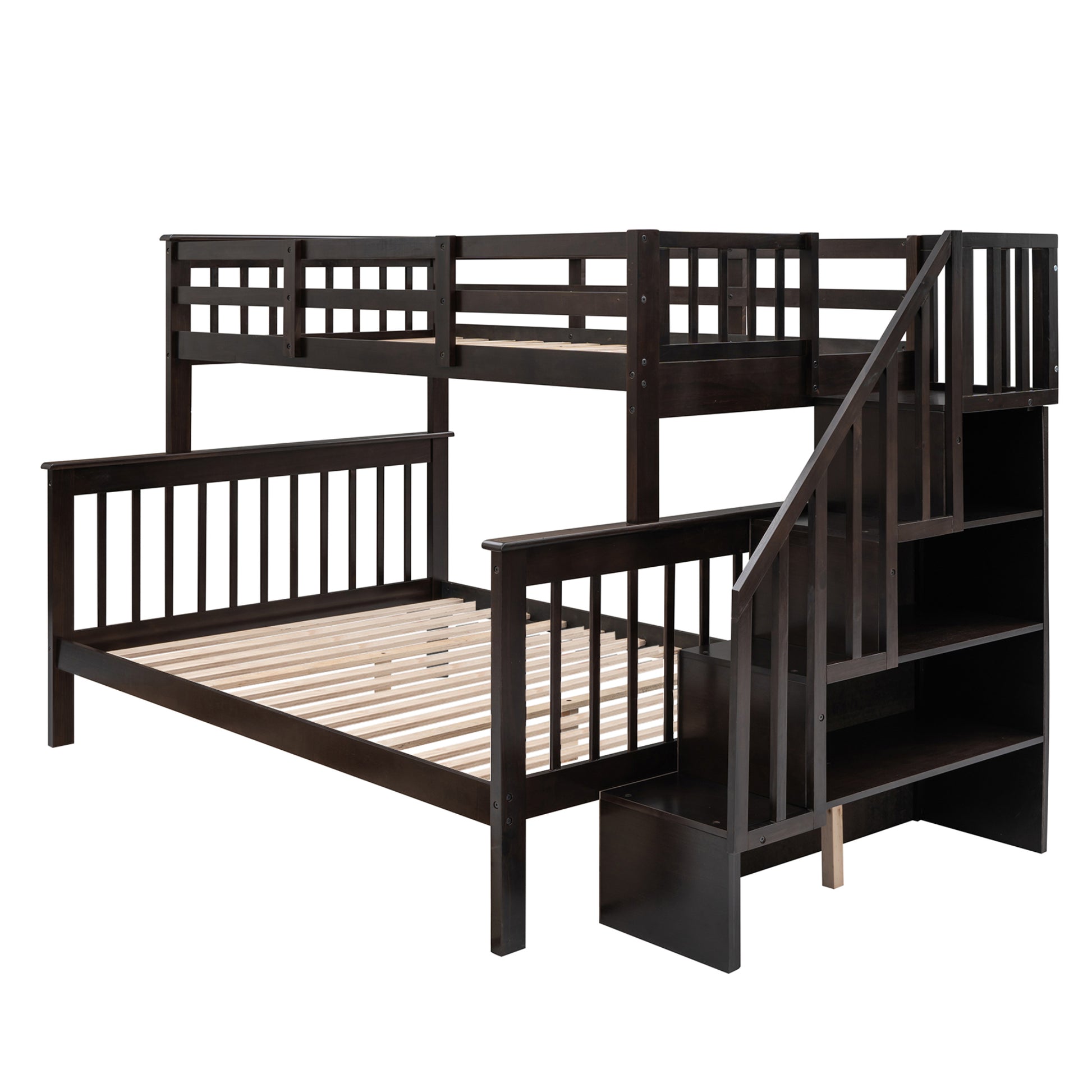 Stairway Twin Over Full Bunk Bed With Storage And Guard Rail For Bedroom, Espresso Color Old Sku :Lp000019Aap Espresso Solid Wood