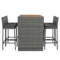 5 Pieces Outdoor Patio Wicker Bar Set, Bar Height Chairs With Non Slip Feet And Fixed Rope, Removable Cushion, Acacia Wood Table Top, Brown Wood And Gray Wicker Yes Gray Wicker