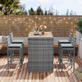 5 Pieces Outdoor Patio Wicker Bar Set, Bar Height Chairs With Non Slip Feet And Fixed Rope, Removable Cushion, Acacia Wood Table Top, Brown Wood And Gray Wicker Yes Gray Wicker