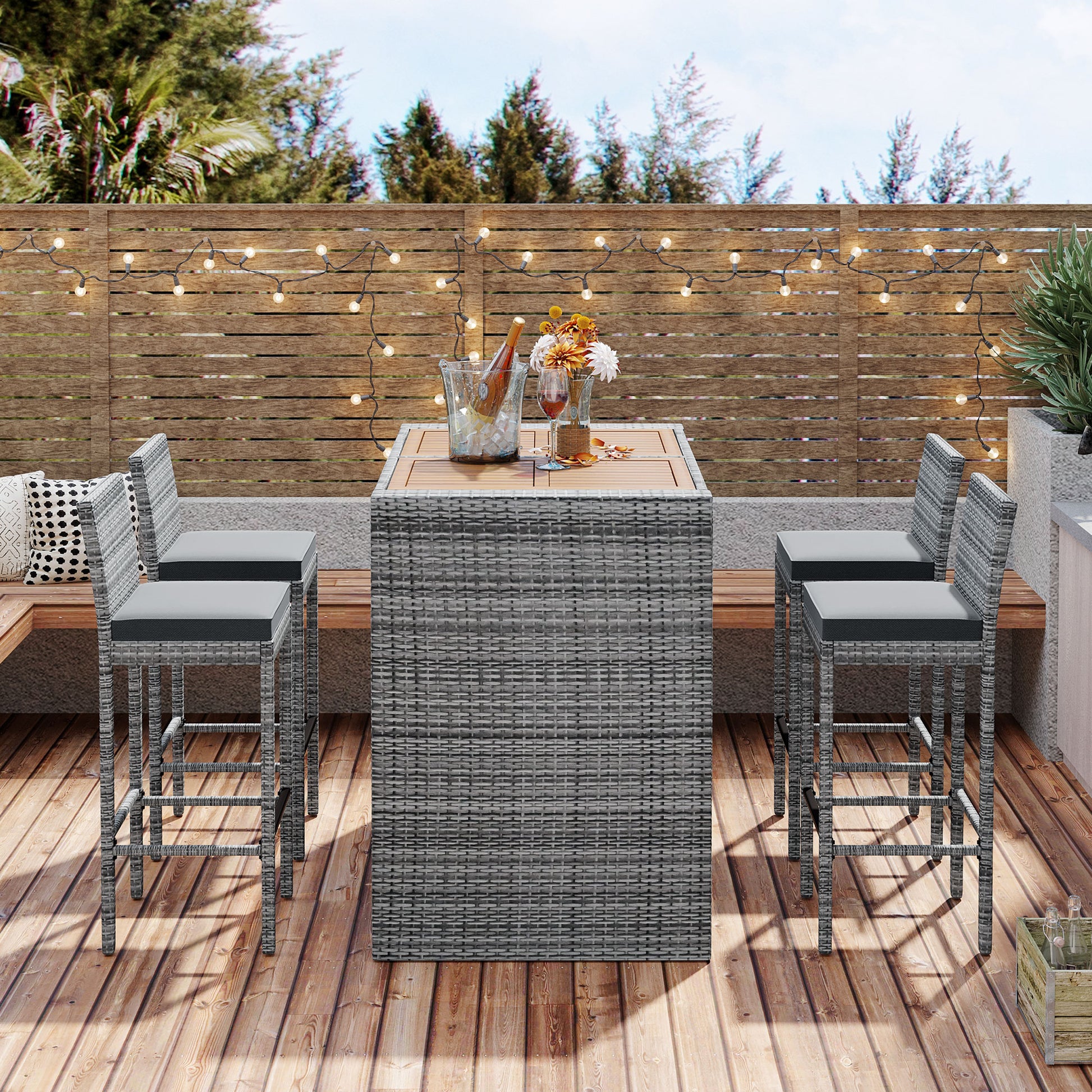 5 Pieces Outdoor Patio Wicker Bar Set, Bar Height Chairs With Non Slip Feet And Fixed Rope, Removable Cushion, Acacia Wood Table Top, Brown Wood And Gray Wicker Yes Gray Wicker