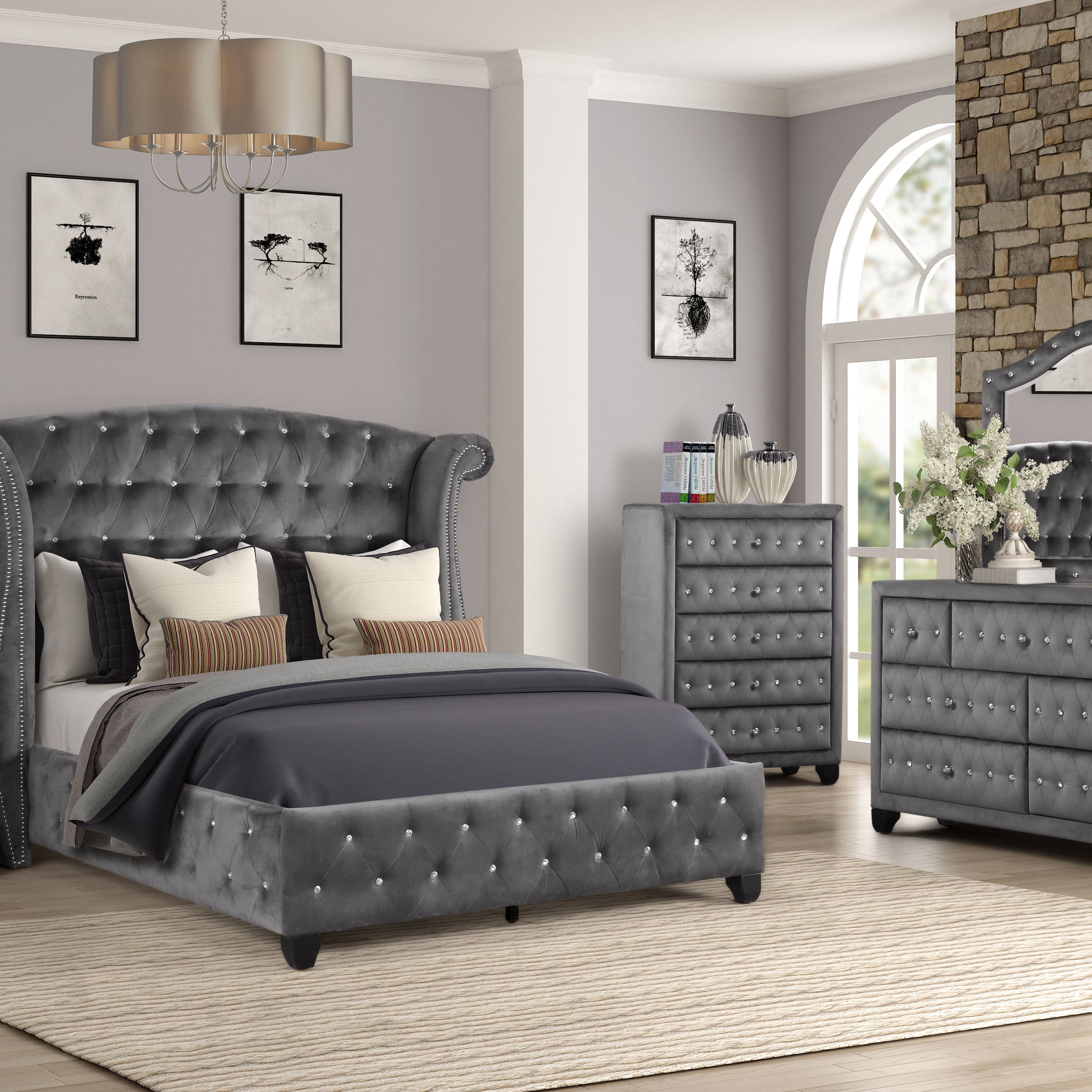 King 5 Pc Upholstery Bedroom Set Made With Wood In Gray Box Spring Not Required King Gray Wood 5 Piece Set Bedroom Contemporary,Modern Velvet Tufted Wood