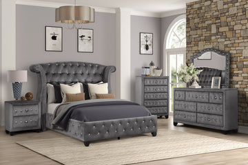 King 5 Pc Upholstery Bedroom Set Made With Wood In Gray Box Spring Not Required King Gray Wood 5 Piece Set Bedroom Contemporary,Modern Velvet Tufted Wood