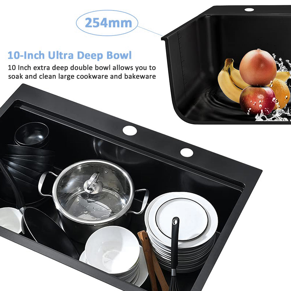 Workstation 33 Inch Drop In Kitchen Sink R10 Radius Stainless Steel Kitchen Sink Single Bowl With Intergrated Ledge & Accessories Pack Of 5 33"X22"X10" Matte Black Stainless Steel