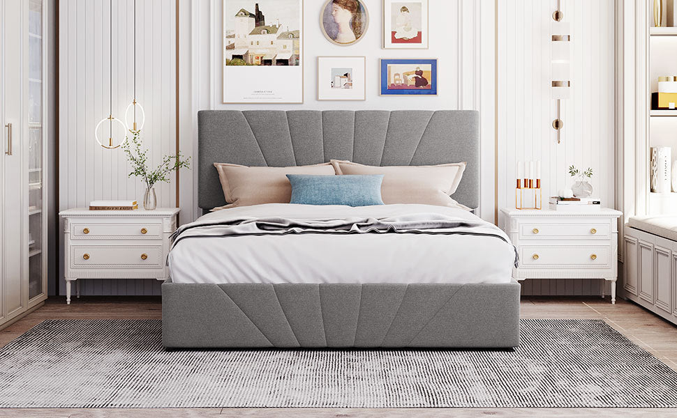 Queen Size Upholstered Platform Bed With A Hydraulic Storage System Gray Gray Upholstered