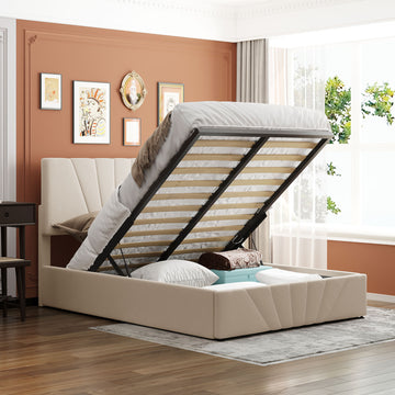 Full Size Upholstered Platform Bed With A Hydraulic Storage System Beige Beige Upholstered