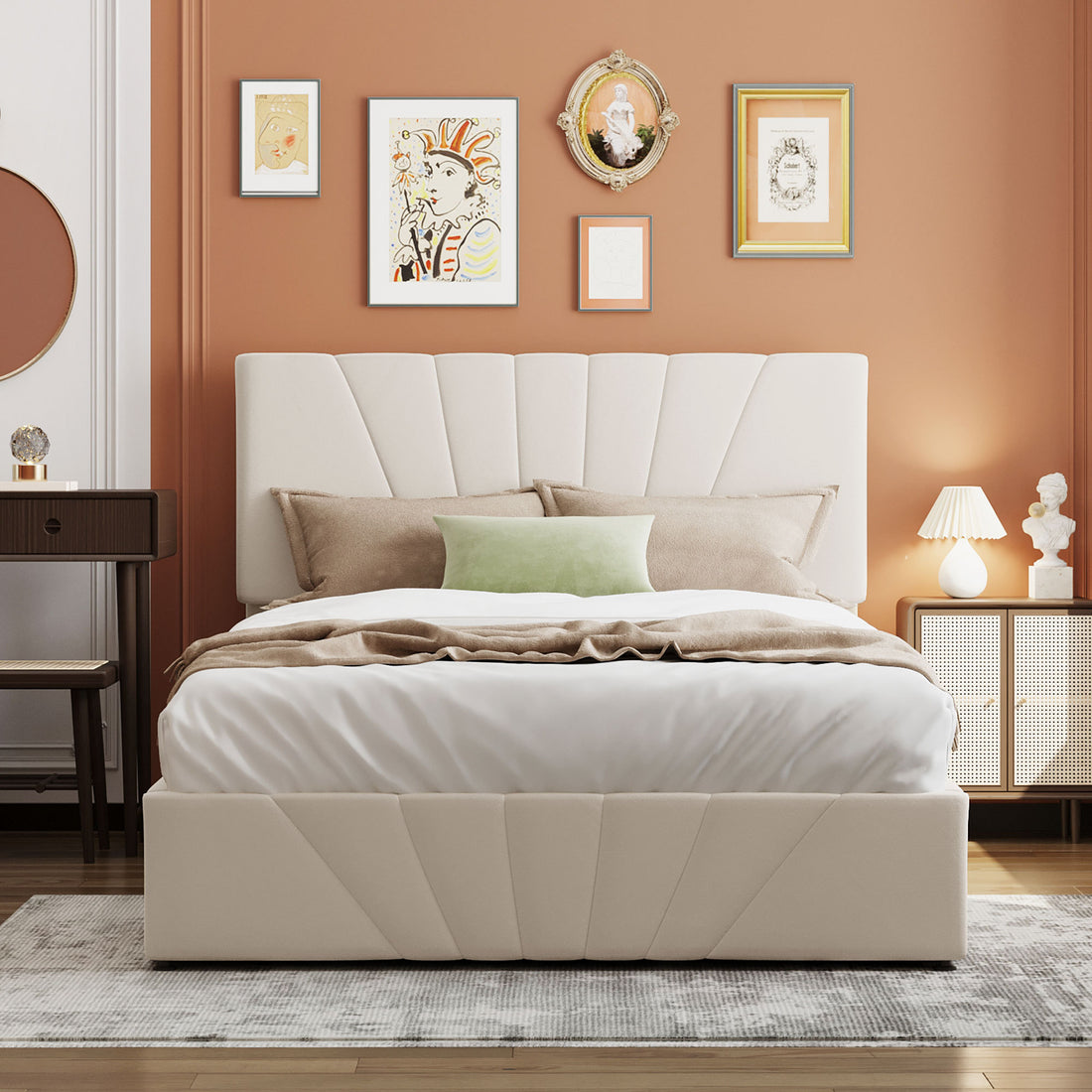 Full Size Upholstered Platform Bed With A Hydraulic Storage System Beige Beige Upholstered