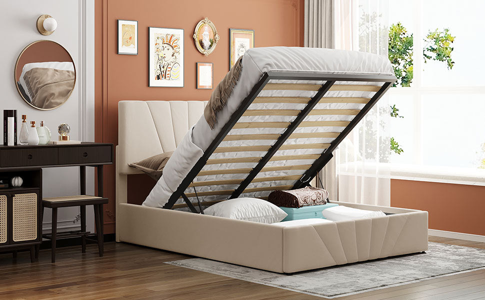 Full Size Upholstered Platform Bed With A Hydraulic Storage System Beige Beige Upholstered