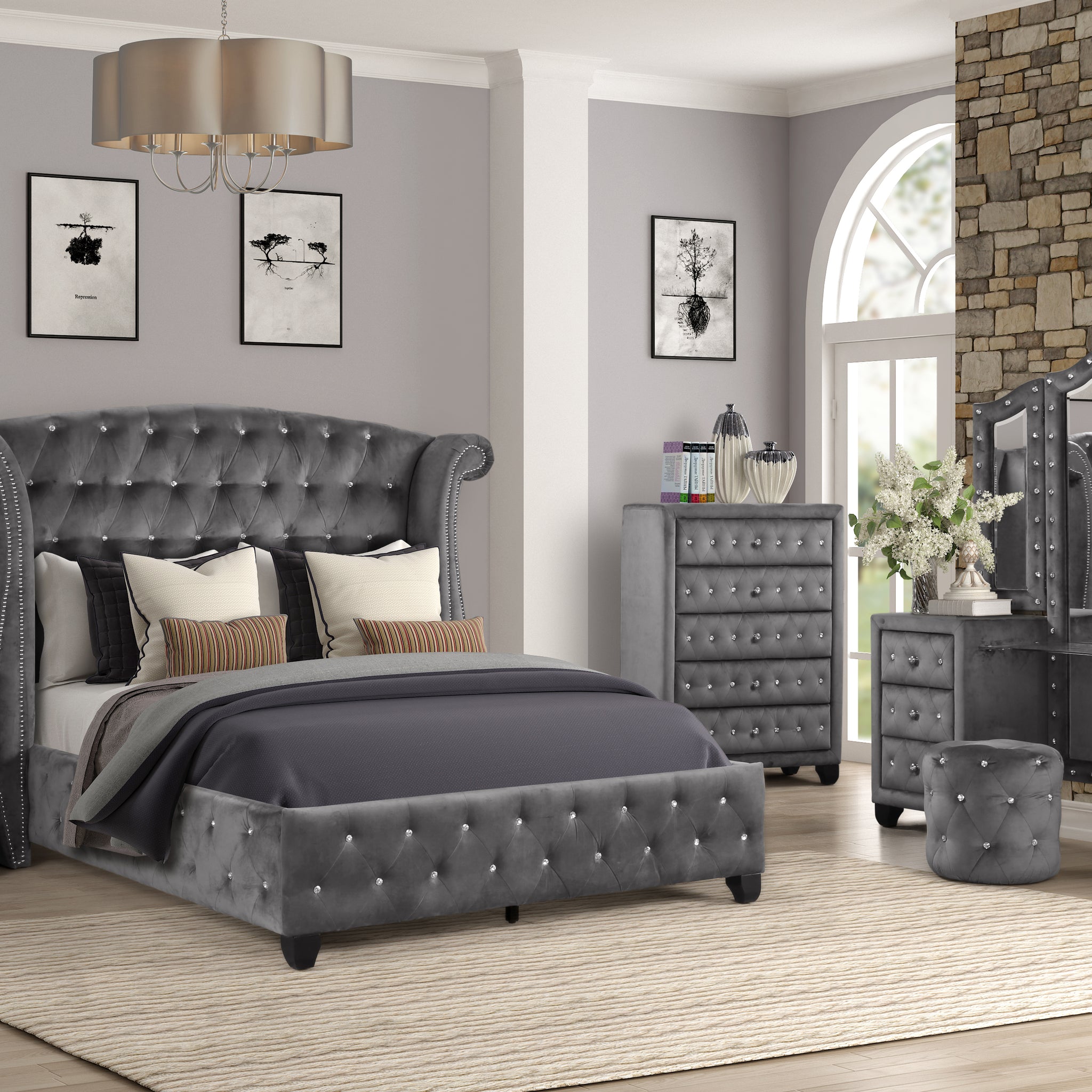 King 5 Pc Vanity Upholstery Bedroom Set Made With Wood In Gray Box Spring Not Required King Gray Wood 5 Piece Set Bedroom Contemporary,Modern Upholstered Velvet Tufted Wood