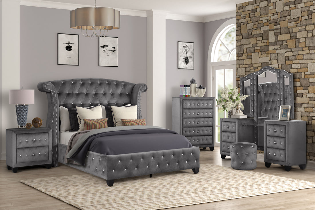 King 5 Pc Vanity Upholstery Bedroom Set Made With Wood In Gray Box Spring Not Required King Gray Wood 5 Piece Set Bedroom Contemporary,Modern Upholstered Velvet Tufted Wood