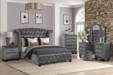 King 5 Pc Vanity Upholstery Bedroom Set Made With Wood In Gray Box Spring Not Required King Gray Wood 5 Piece Set Bedroom Contemporary,Modern Upholstered Velvet Tufted Wood