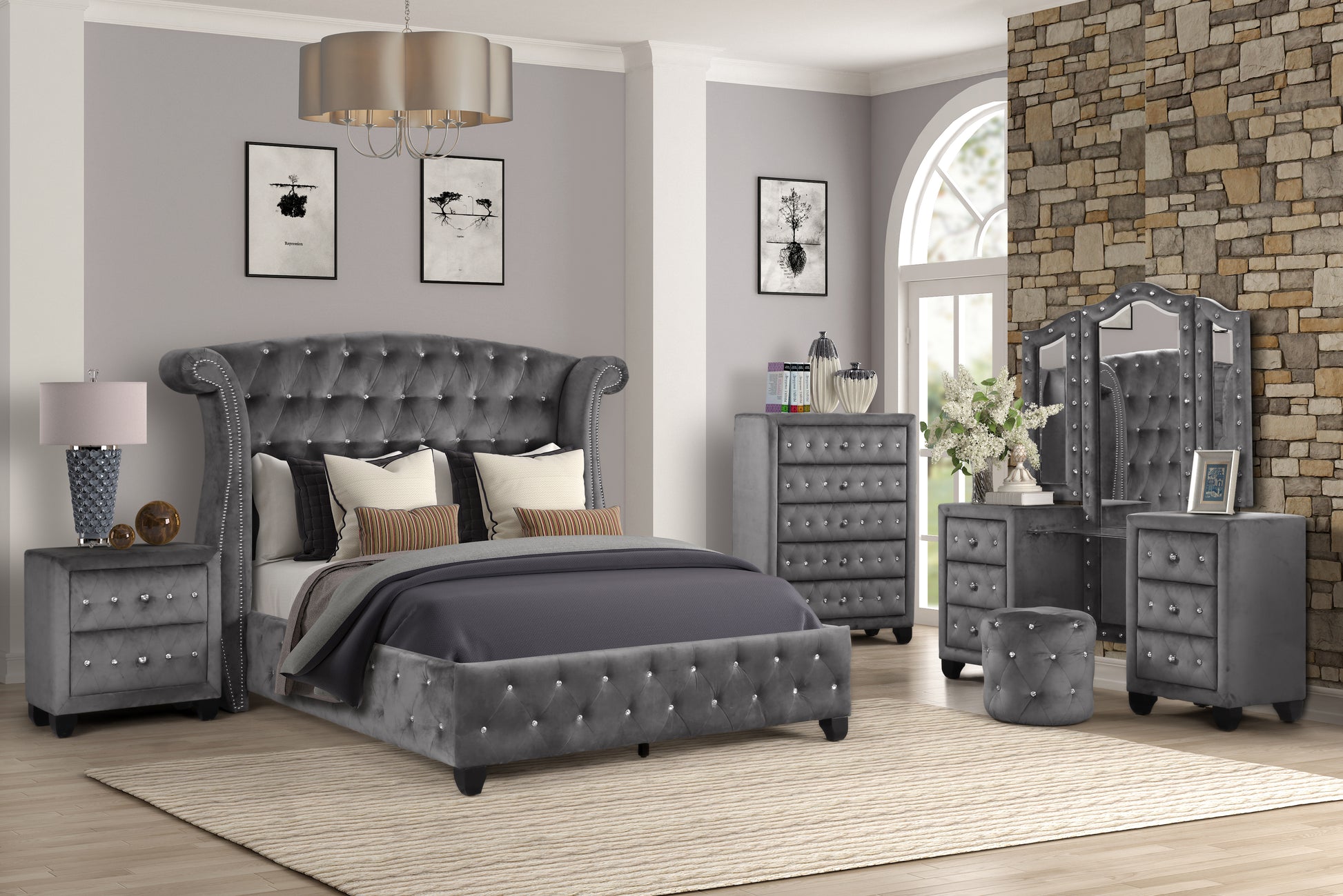 Queen 5 Pc Vanity Upholstery Bedroom Set Made With Wood In Gray Box Spring Not Required Queen Gray Wood 5 Piece Set Bedroom Contemporary,Modern Upholstered Velvet Tufted Wood