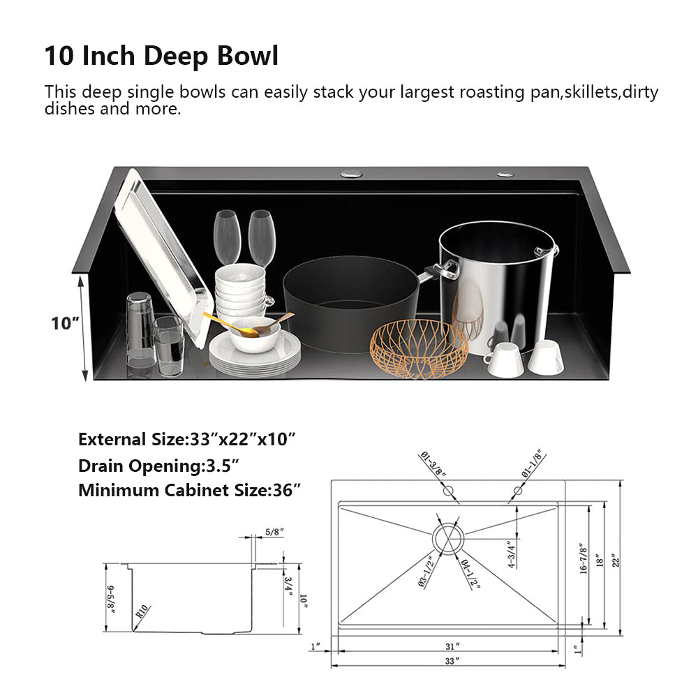 Workstation 33 Inch Drop In Kitchen Sink R10 Radius Stainless Steel Kitchen Sink Single Bowl With Intergrated Ledge & Accessories Pack Of 5 33"X22"X10" Matte Black Stainless Steel