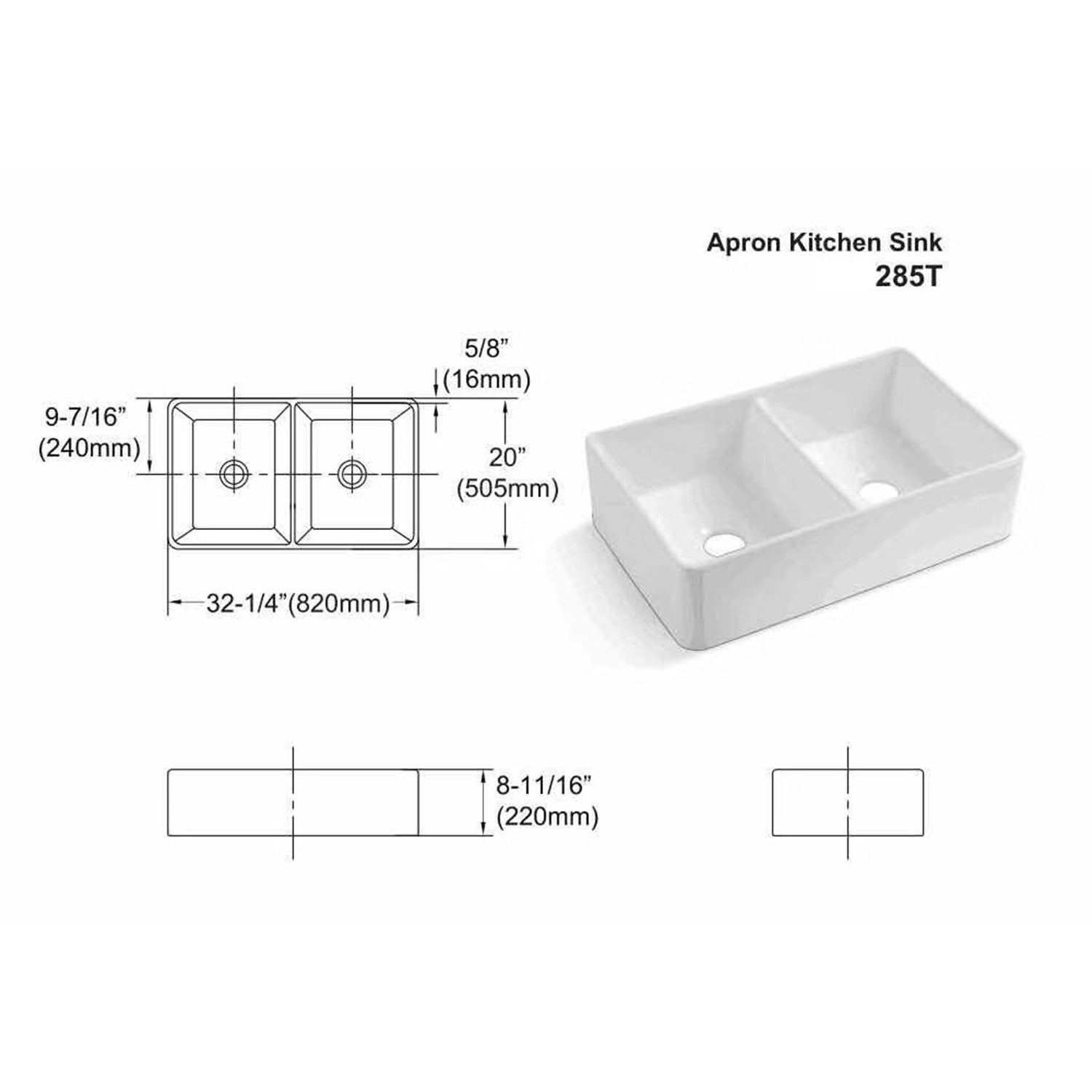 32" L X 20" W Double Basin Farmhouse Kitchen Sink With Basket Strainer White Ceramic