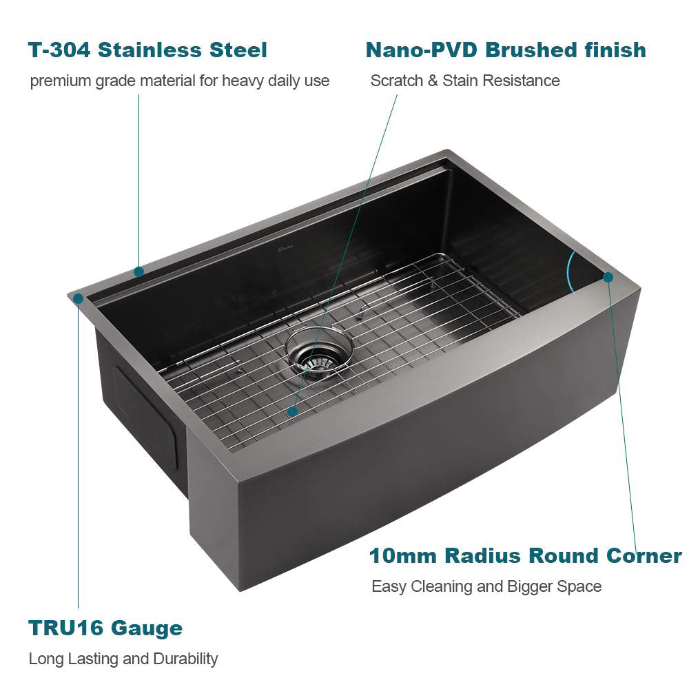 33" L X 22" W Farmhouse Kitchen Sink Matte Black Stainless Steel 33 In.Single Bowl Farmhouse Apron Workstation Kitchen Sink With Accessory Kit Gunmetal Black Stainless Steel