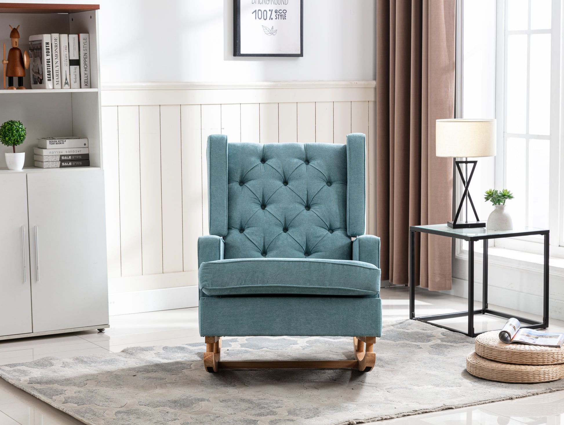 Coolmore Nursery Rocking Chair Upholstered Mid Century Modern Rocker Oversized Armchair For Living Room With Solid Wood Base Mint Green Mint Green Foam Polyester