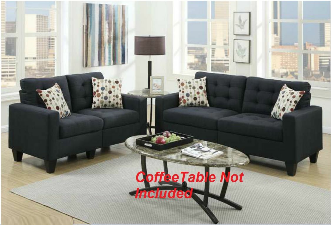 Living Room Furniture 2Pc Sofa Set Black Polyfiber Tufted Sofa Loveseat W Pillows Cushion Couch Solid Pine Black Wood Primary Living Space Tufted Back Modern Pine Square Arms Pine 4 Seat