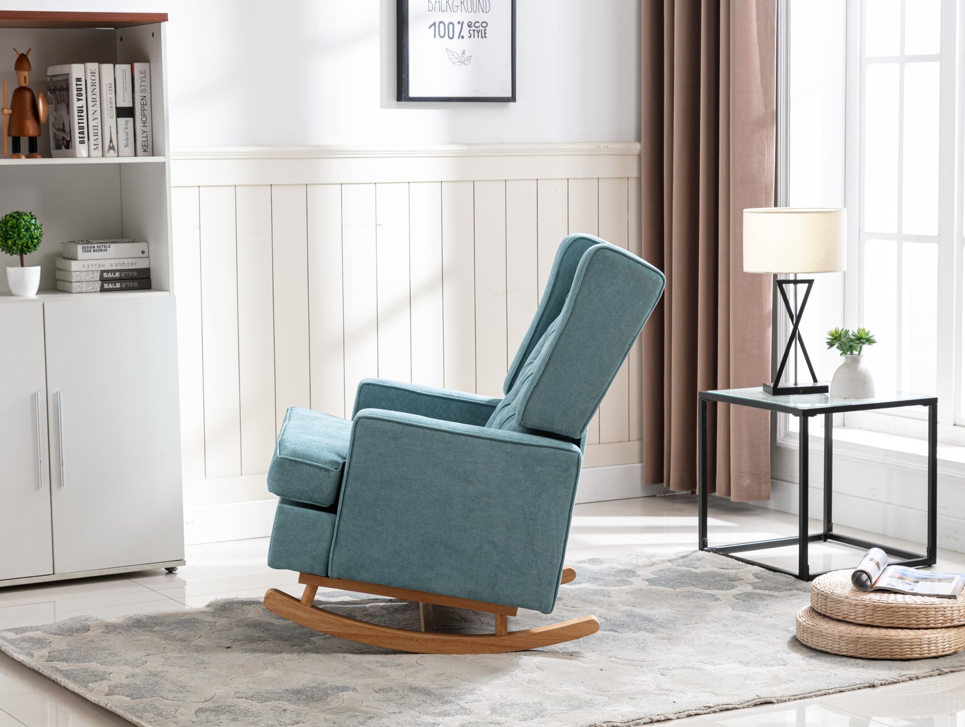 Coolmore Nursery Rocking Chair Upholstered Mid Century Modern Rocker Oversized Armchair For Living Room With Solid Wood Base Mint Green Mint Green Foam Polyester