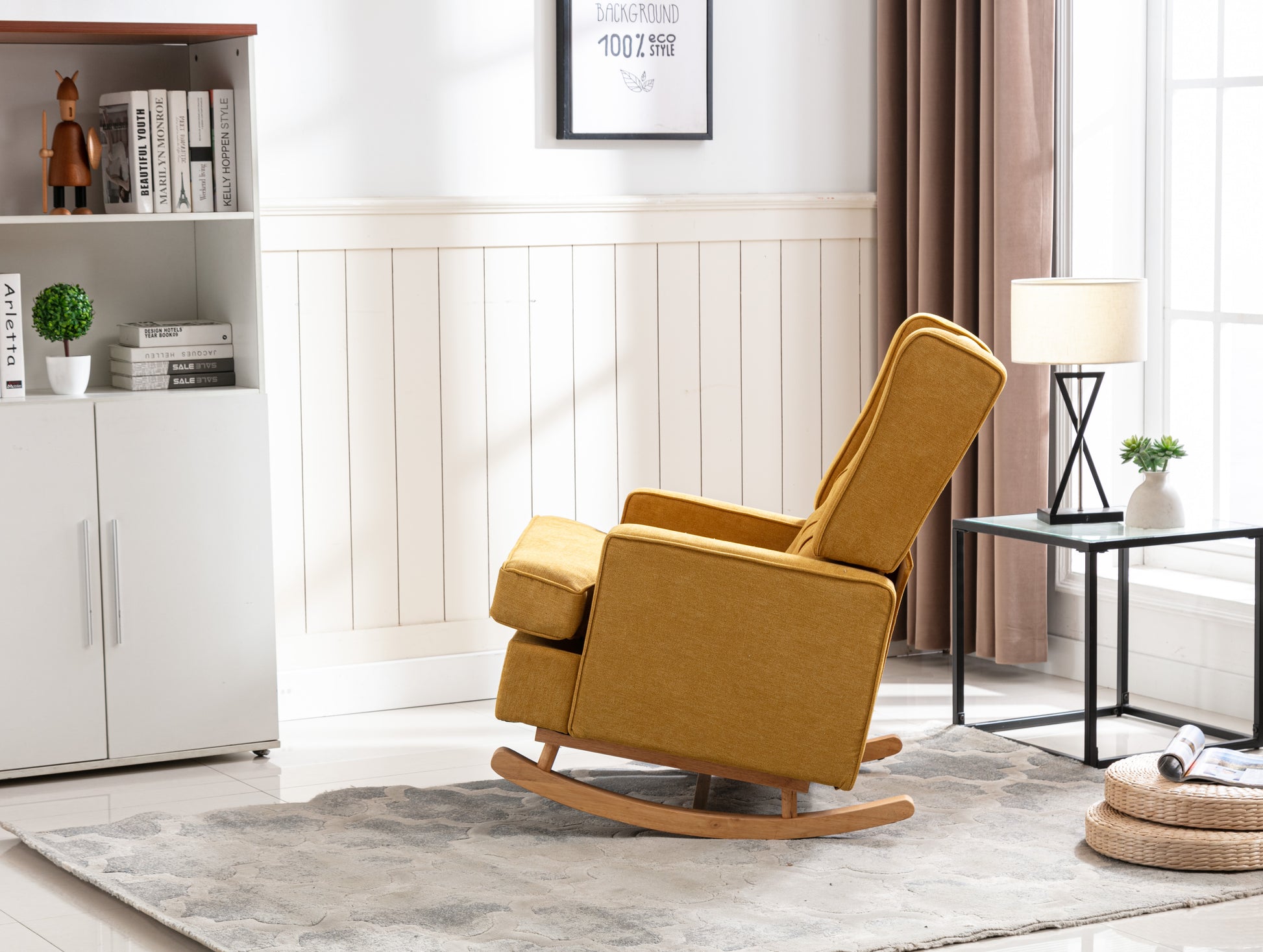 Coolmore Nursery Rocking Chair Upholstered Mid Century Modern Rocker Oversized Armchair For Living Room With Solid Wood Base Mustard Mustard Primary Living Space Foam Linen