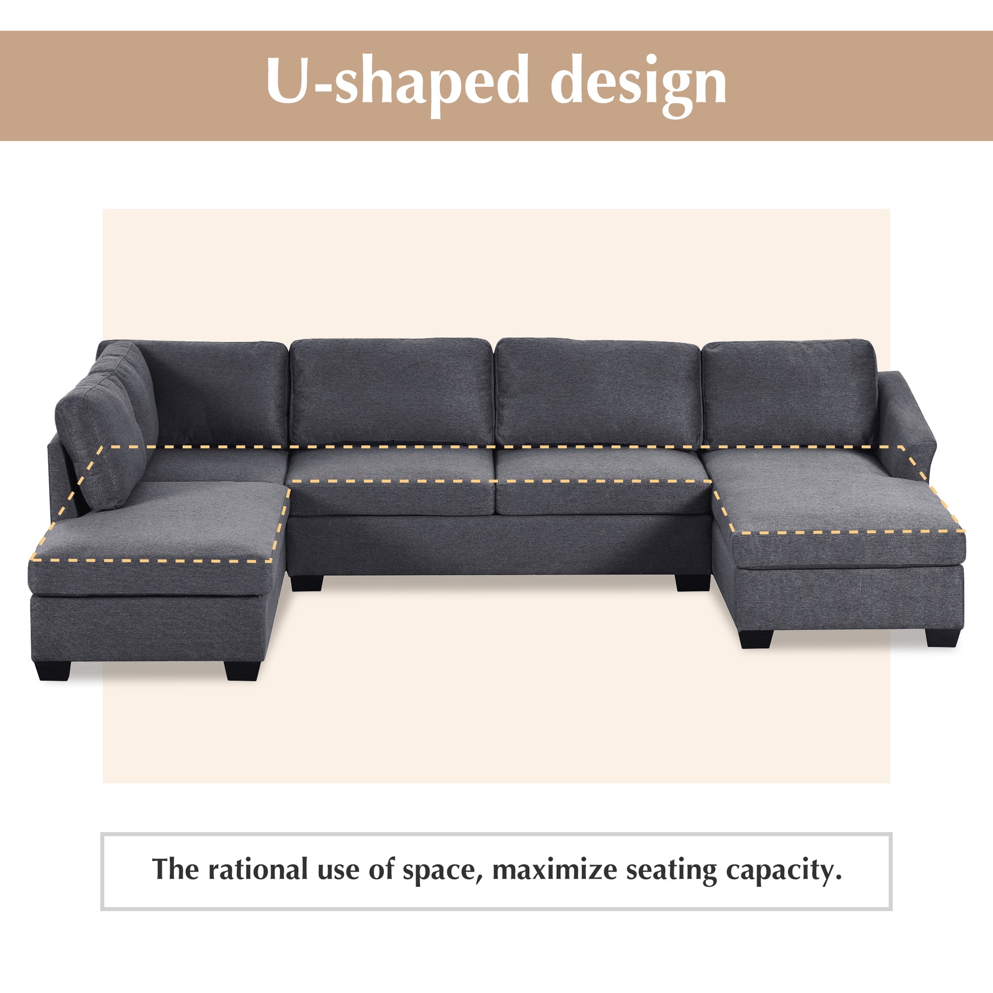 Ustyle Modern Large U Shape Sectional Sofa, Double Extra Wide Chaise Lounge Couch, Grey Gray Polyester