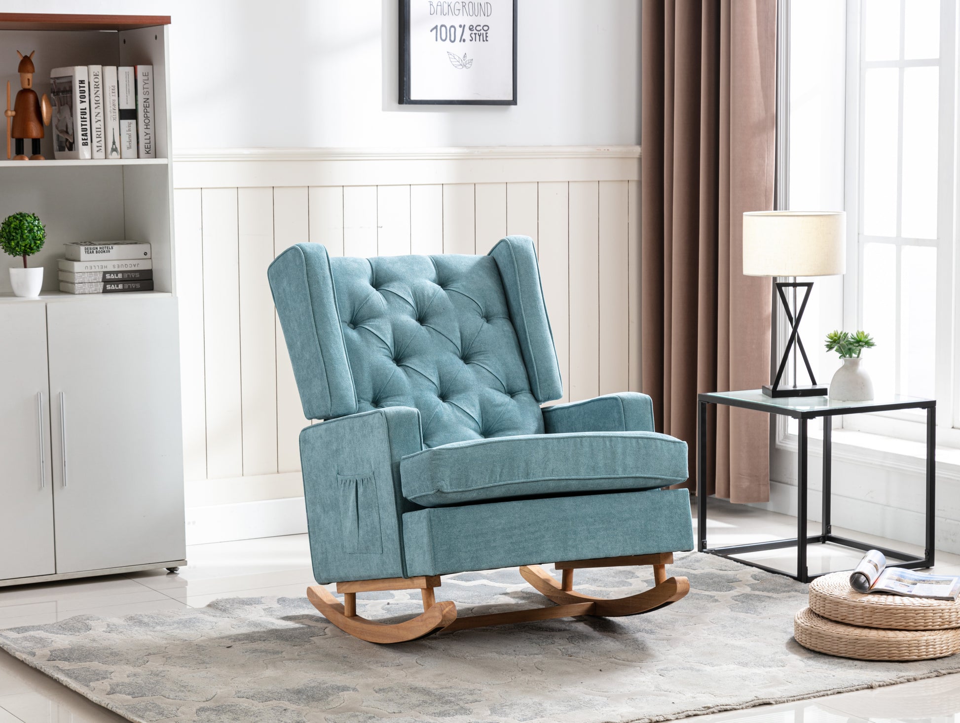 Coolmore Nursery Rocking Chair Upholstered Mid Century Modern Rocker Oversized Armchair For Living Room With Solid Wood Base Mint Green Mint Green Foam Polyester