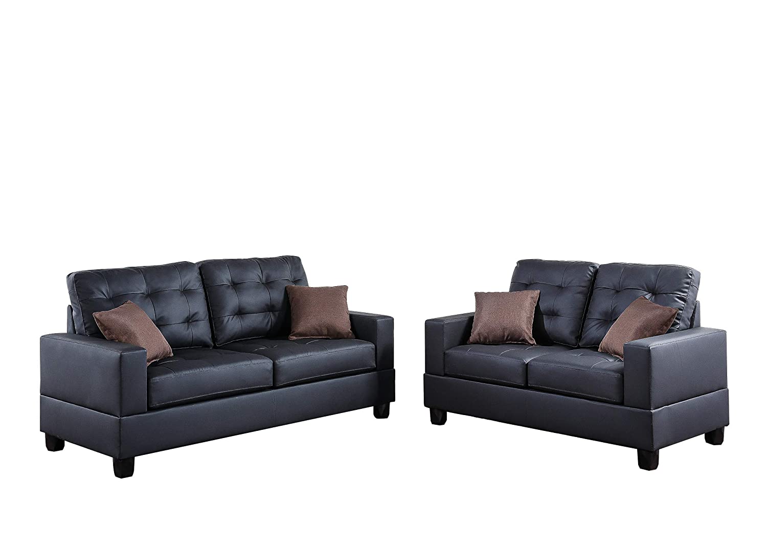 Living Room Furniture 2Pc Sofa Set Black Faux Leather Tufted Sofa Loveseat W Pillows Cushion Couch Black Faux Leather Wood Primary Living Space Tufted Back Contemporary,Modern Pine Square Arms Particle Board 4 Seat