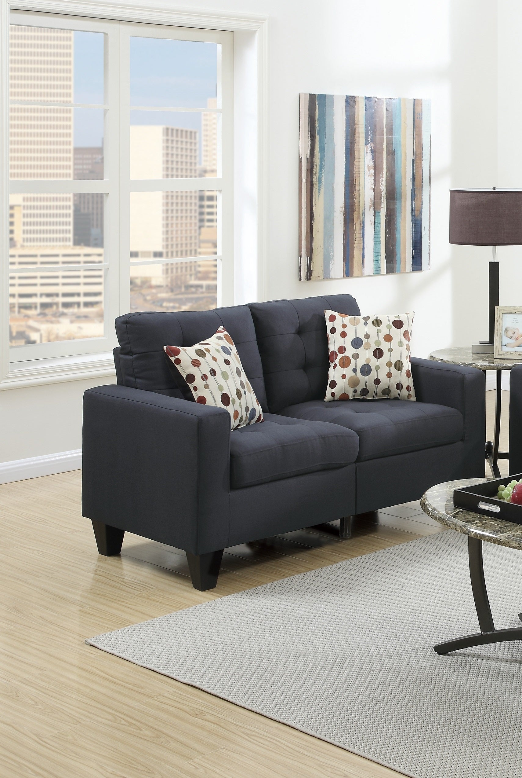 Living Room Furniture 2Pc Sofa Set Black Polyfiber Tufted Sofa Loveseat W Pillows Cushion Couch Solid Pine Black Wood Primary Living Space Tufted Back Modern Pine Square Arms Pine 4 Seat