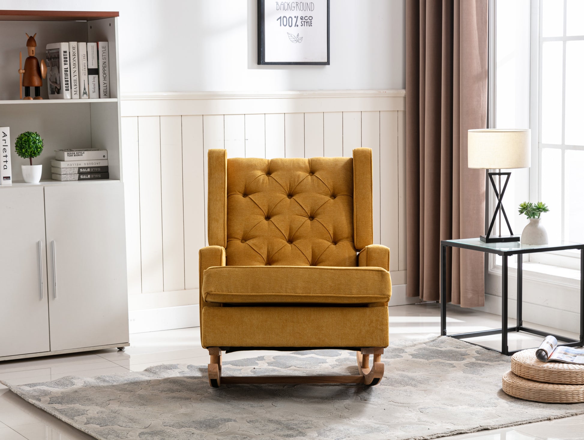 Coolmore Nursery Rocking Chair Upholstered Mid Century Modern Rocker Oversized Armchair For Living Room With Solid Wood Base Mustard Mustard Primary Living Space Foam Linen