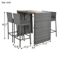 5 Pieces Outdoor Patio Wicker Bar Set, Bar Height Chairs With Non Slip Feet And Fixed Rope, Removable Cushion, Acacia Wood Table Top, Brown Wood And Gray Wicker Yes Gray Wicker