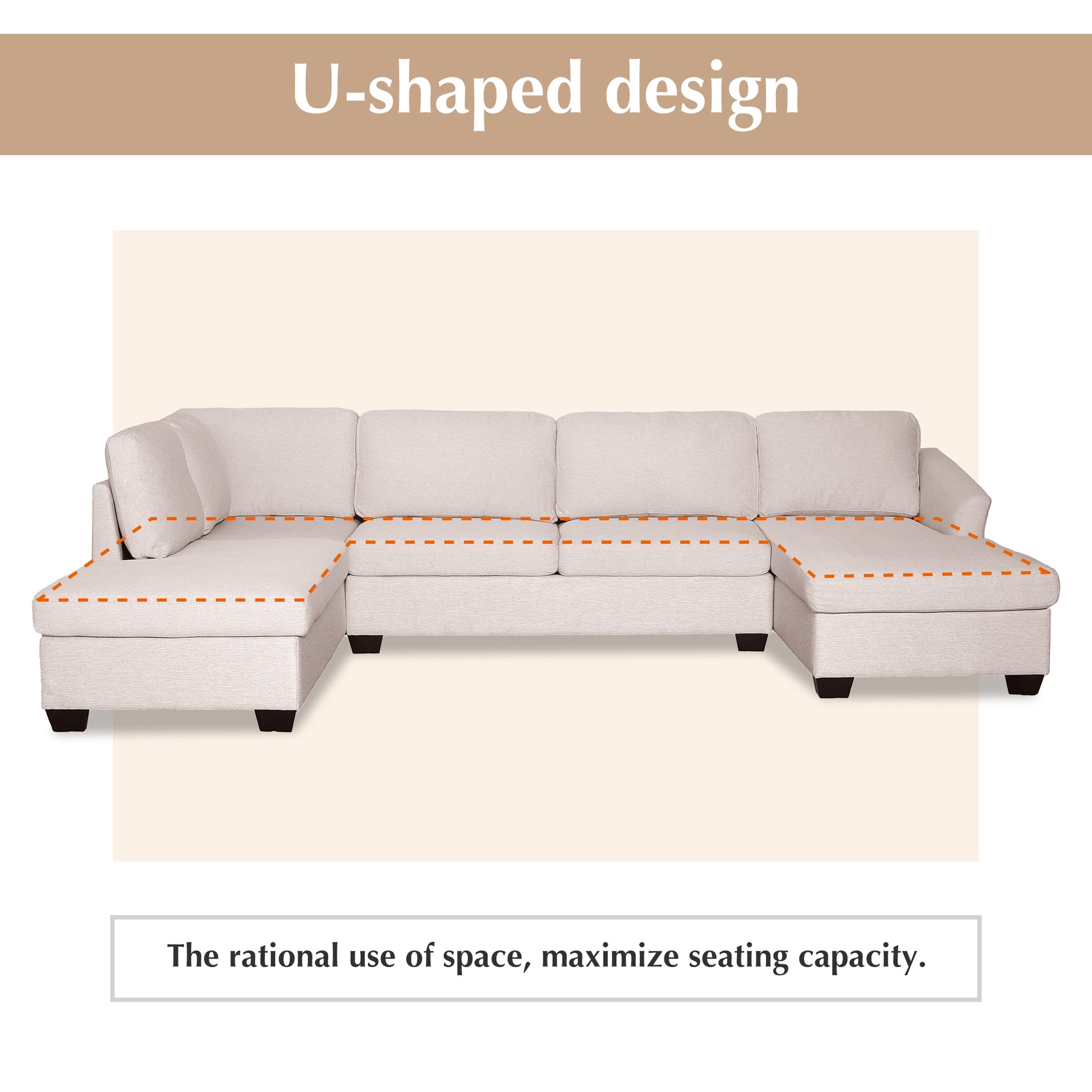 Ustyle Modern Large U Shape Sectional Sofa, Double Extra Wide Chaise Lounge Couch, Beige Beige Polyester