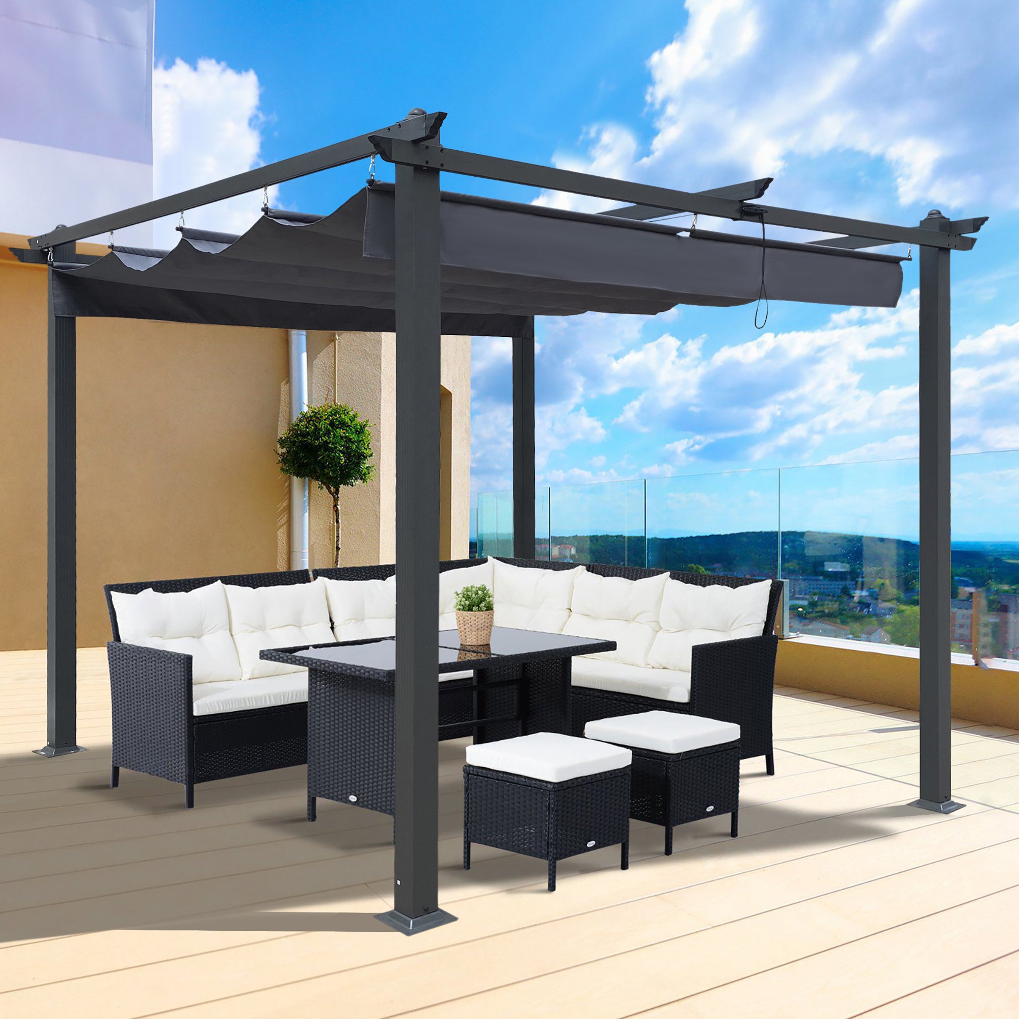 10x10 Ft Outdoor Patio Retractable Pergola With Canopy gray-aluminium