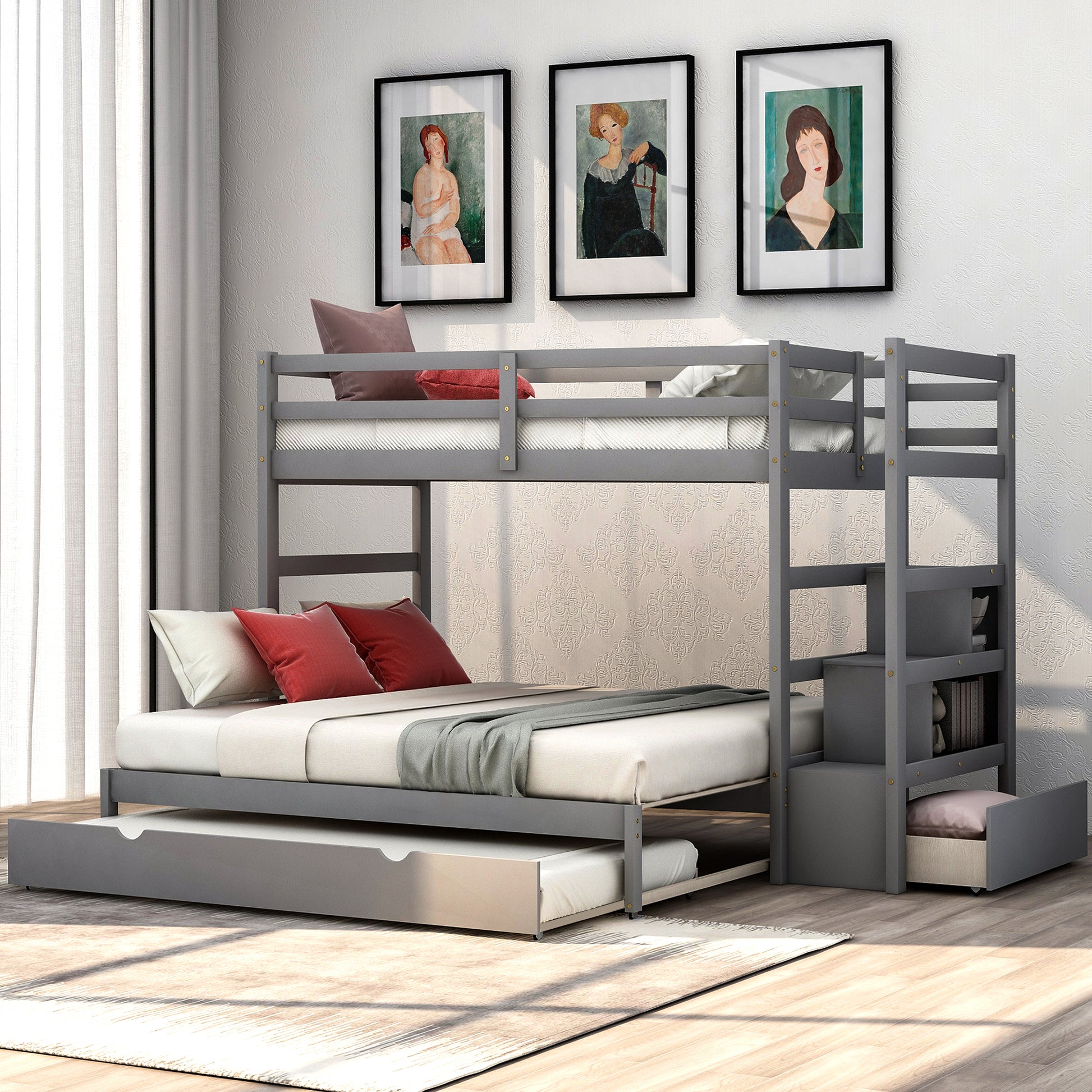 Twin Over Twin King Irregular King Size Bunk Bed With Twin Size Trundle, Extendable Bunk Bed Gray Old Sku :Lp000032Aae Gray Solid Wood