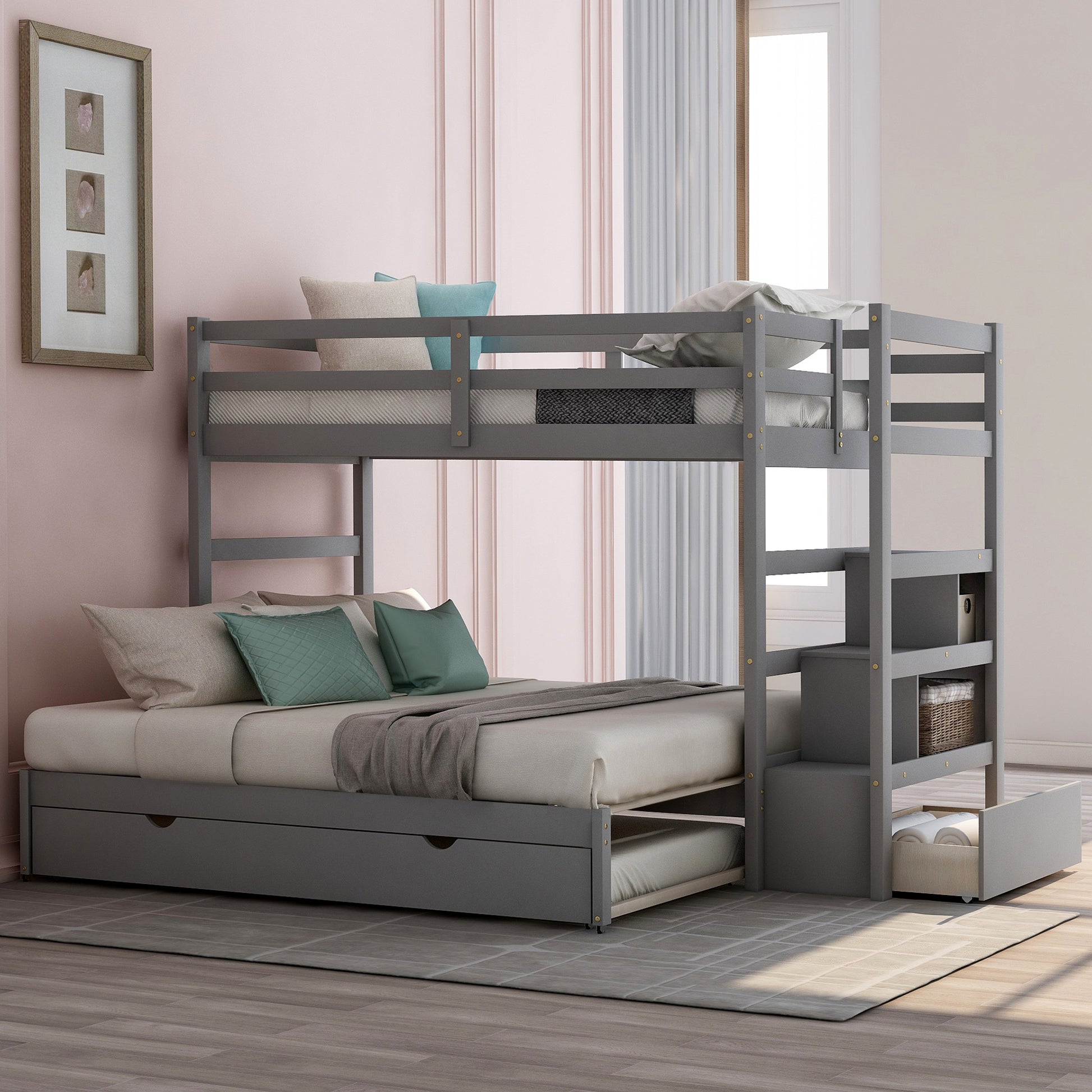 Twin Over Twin King Irregular King Size Bunk Bed With Twin Size Trundle, Extendable Bunk Bed Gray Old Sku :Lp000032Aae Gray Solid Wood