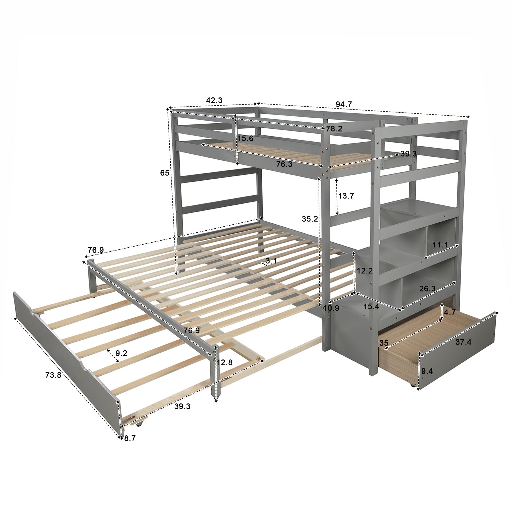 Twin Over Twin King Irregular King Size Bunk Bed With Twin Size Trundle, Extendable Bunk Bed Gray Old Sku :Lp000032Aae Gray Solid Wood