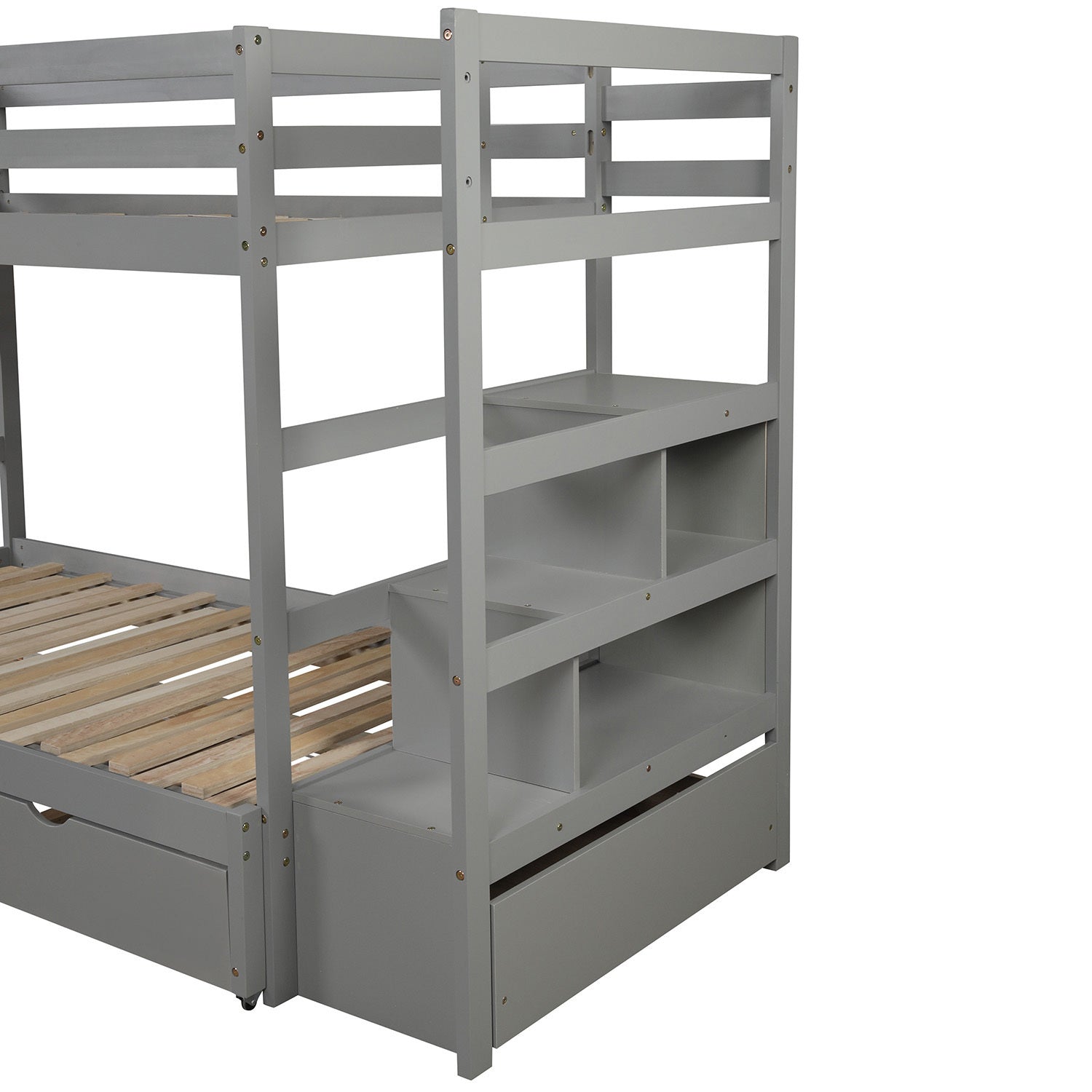 Twin Over Twin King Irregular King Size Bunk Bed With Twin Size Trundle, Extendable Bunk Bed Gray Old Sku :Lp000032Aae Gray Solid Wood