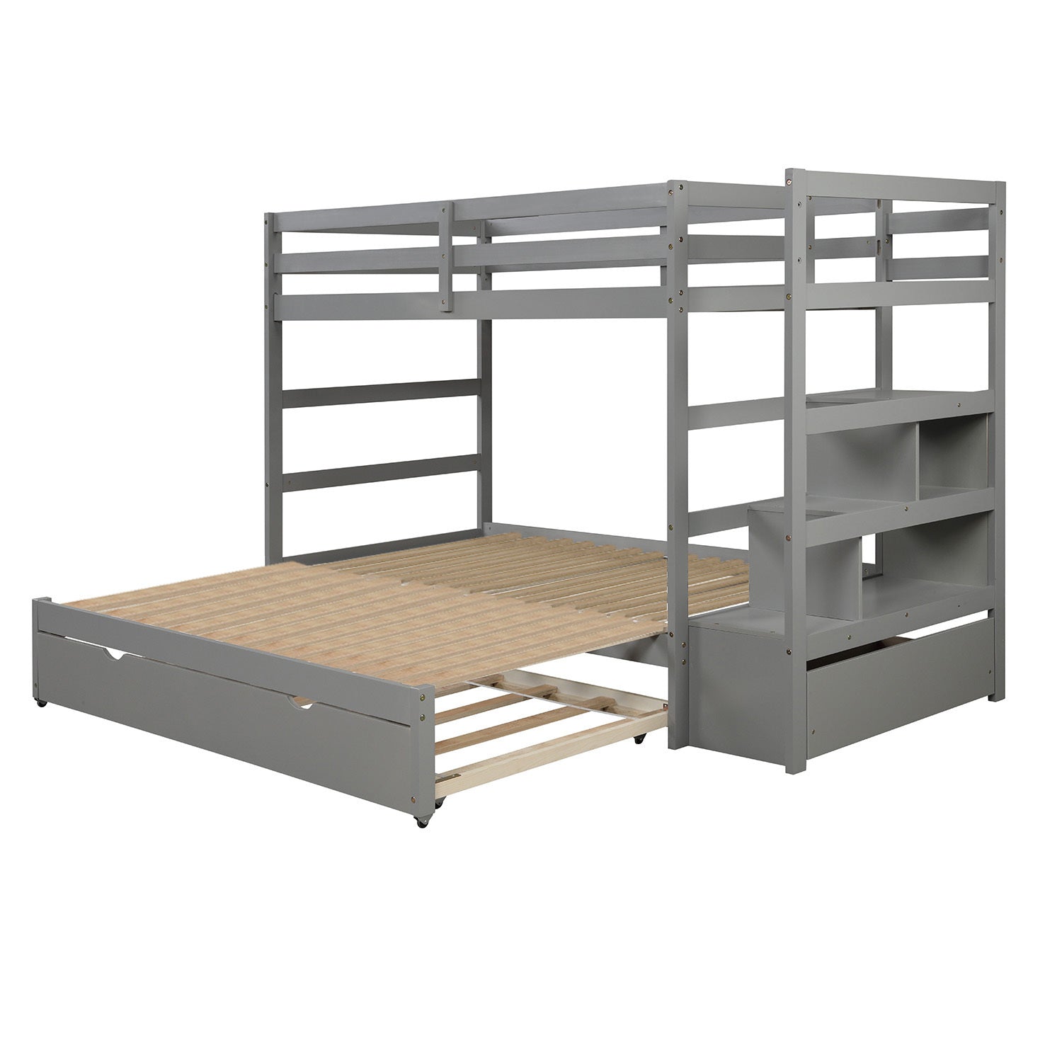 Twin Over Twin King Irregular King Size Bunk Bed With Twin Size Trundle, Extendable Bunk Bed Gray Old Sku :Lp000032Aae Gray Solid Wood