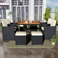 Patio All Weather Pe Wicker Dining Table Set With Wood Tabletop For 8, Black Rattan Beige Cushion 9 Piece Yes Complete Patio Set Black Water Resistant Frame Water Resistant Cushion Garden & Outdoor Casual Complete Patio Sets Foam Rattan